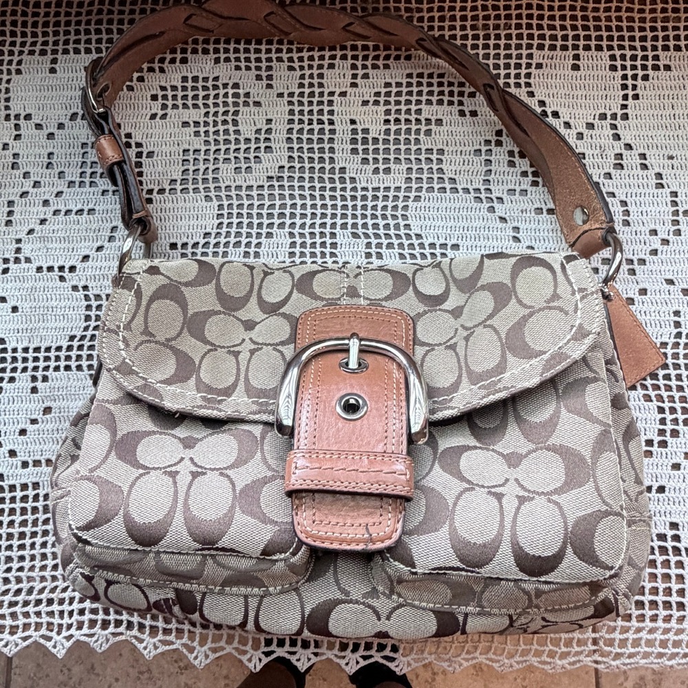 Coach Soho Buckle Shoulder Bag Khaki Signature Jacquard Saddle Braided Strap Y2K